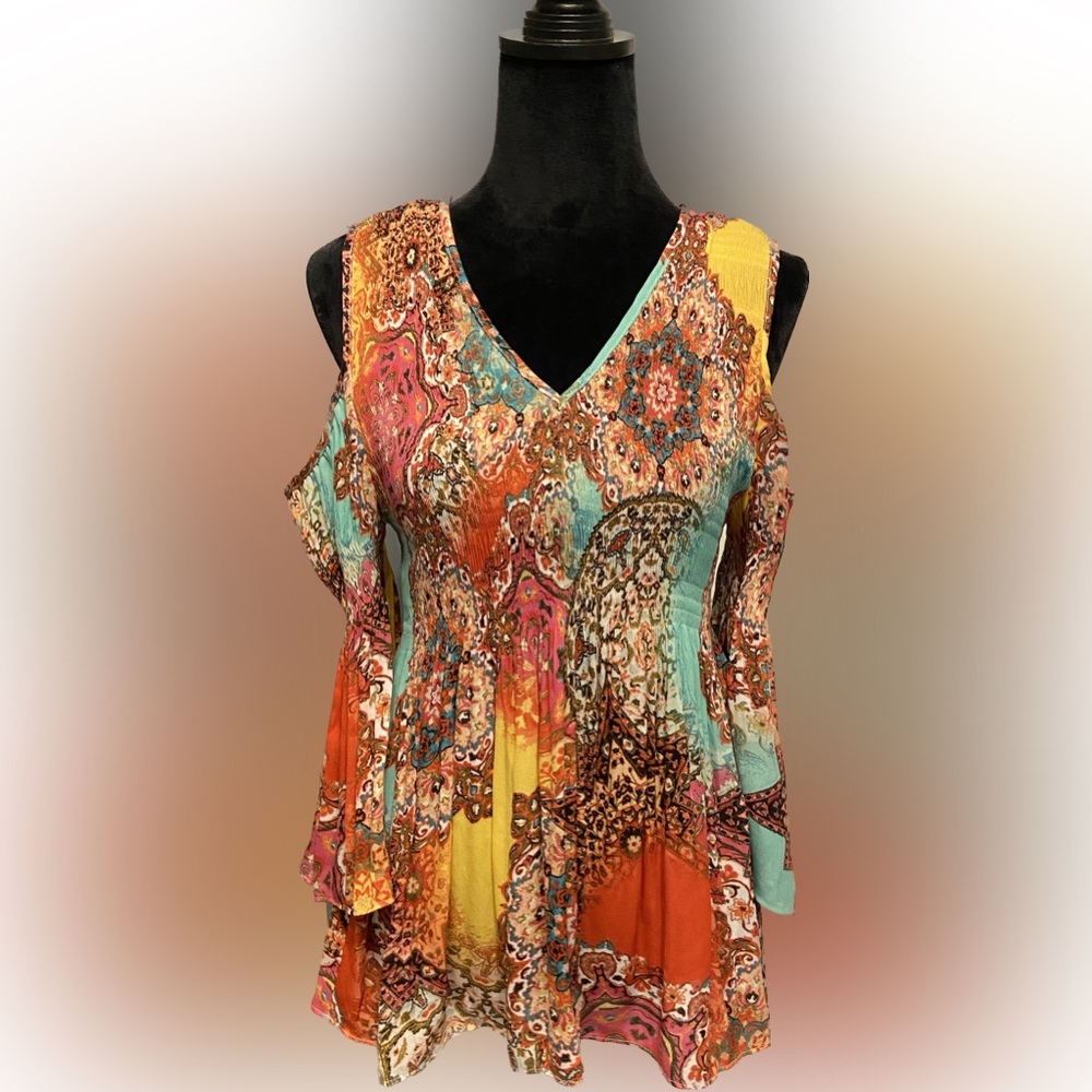 Cold shoulder flowy and colorful top